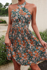 Sexy Vacation Print Hollowed Out Cross Straps Halter Pleated Dresses