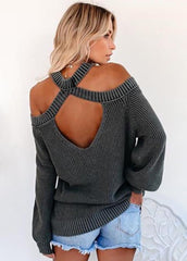 Cold Shoulder Long Sleeve Solid Color Sweater
