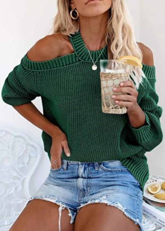 Cold Shoulder Long Sleeve Solid Color Sweater