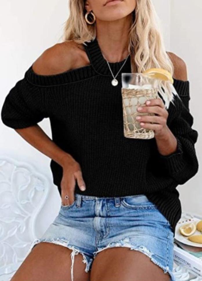 Cold Shoulder Long Sleeve Solid Color Sweater