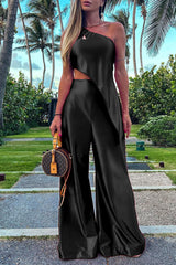 Casual Vacation Solid Patchwork Oblique Collar Loose Jumpsuits(6 Colors)