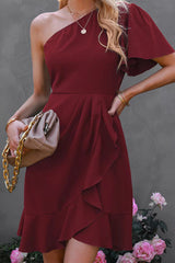 Street Simplicity Solid Flounce Oblique Collar Irregular Dress Dresses