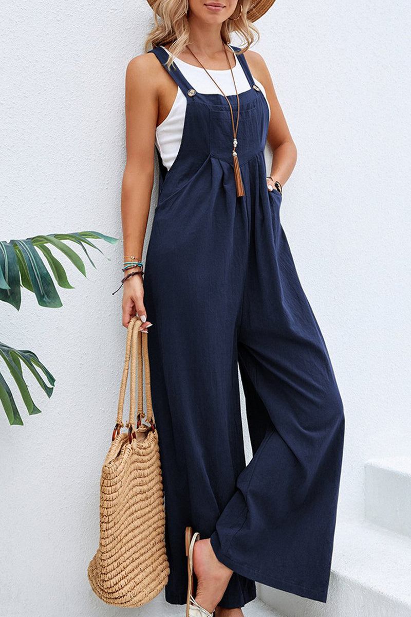 Casual Vacation Solid Buttons Square Collar Loose Jumpsuits