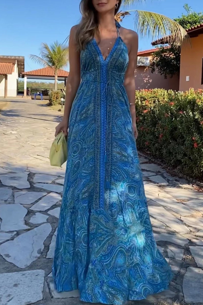 Bohemian College National Totem Patchwork V Neck Printed Dress Dresses(7 Colors)