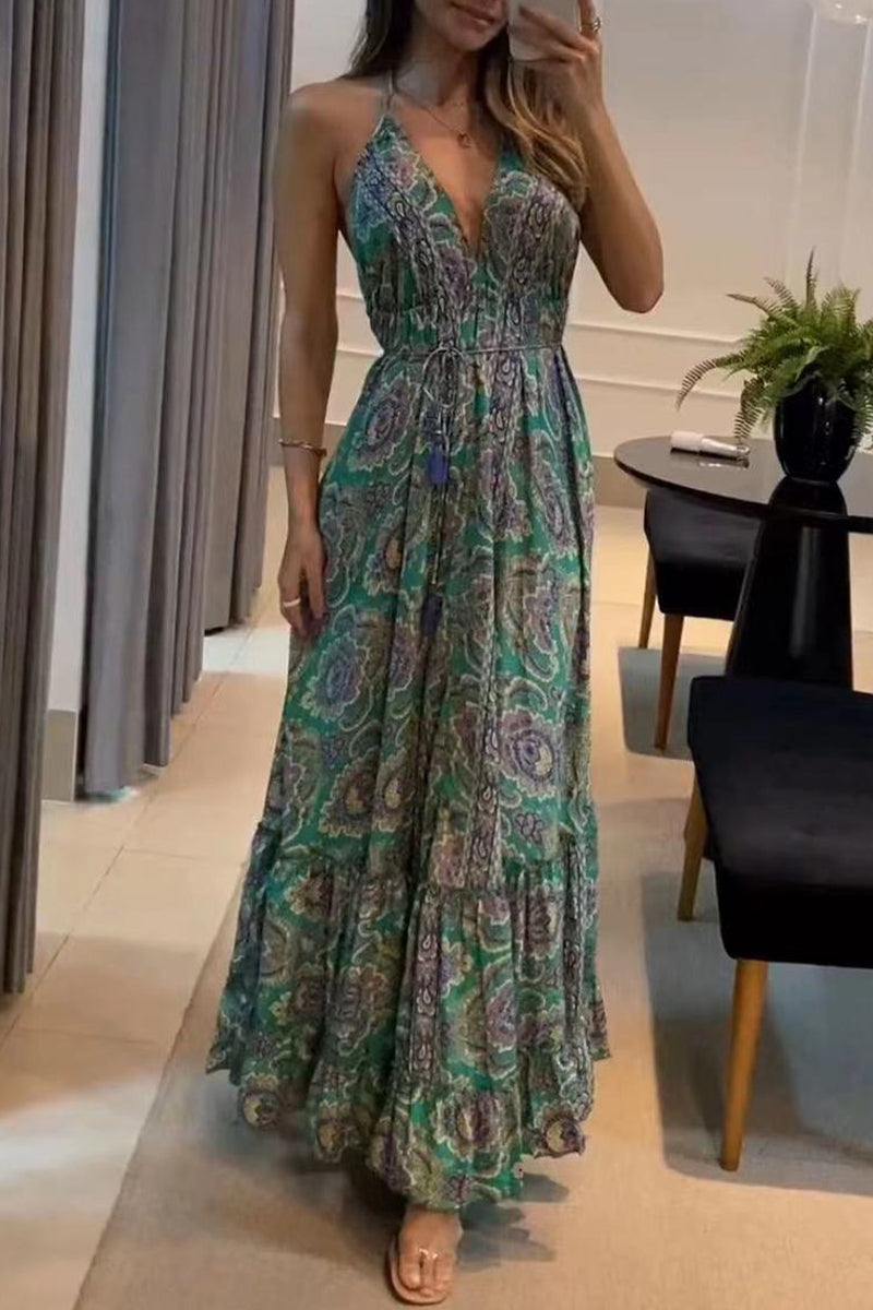 Bohemian College National Totem Patchwork V Neck Printed Dress Dresses(7 Colors)