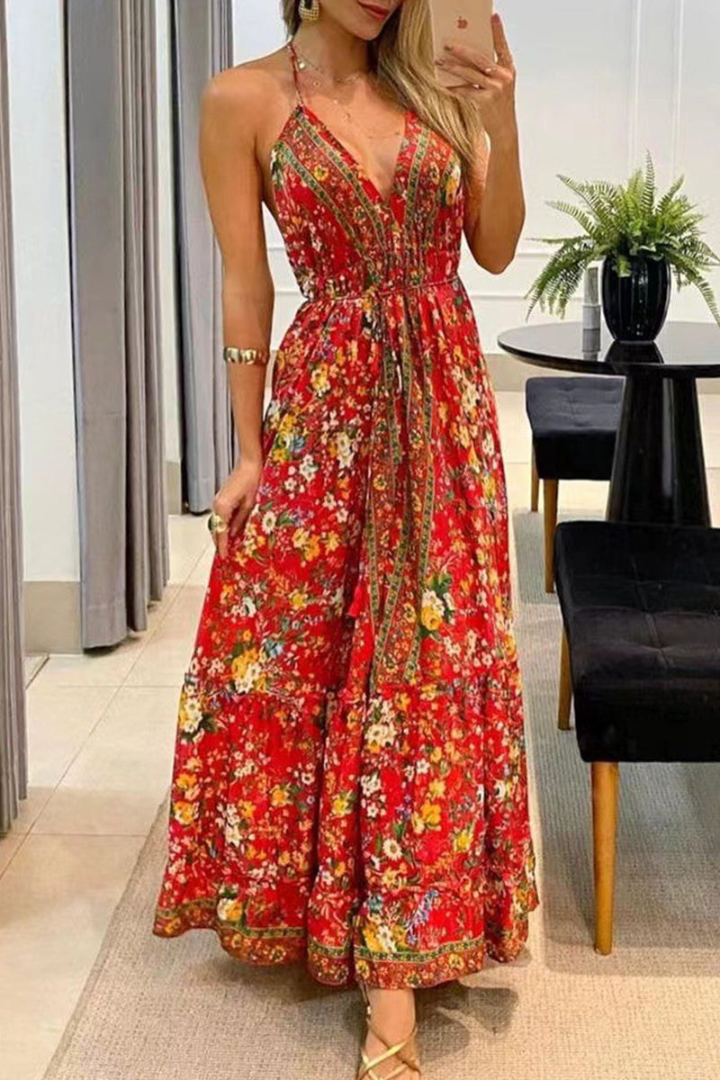 Bohemian College National Totem Patchwork V Neck Printed Dress Dresses(7 Colors)