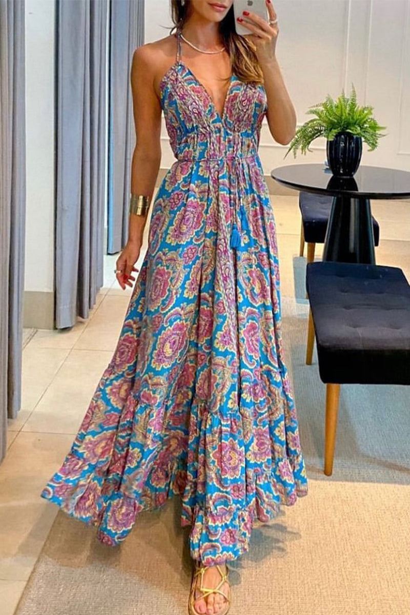 Bohemian College National Totem Patchwork V Neck Printed Dress Dresses(7 Colors)