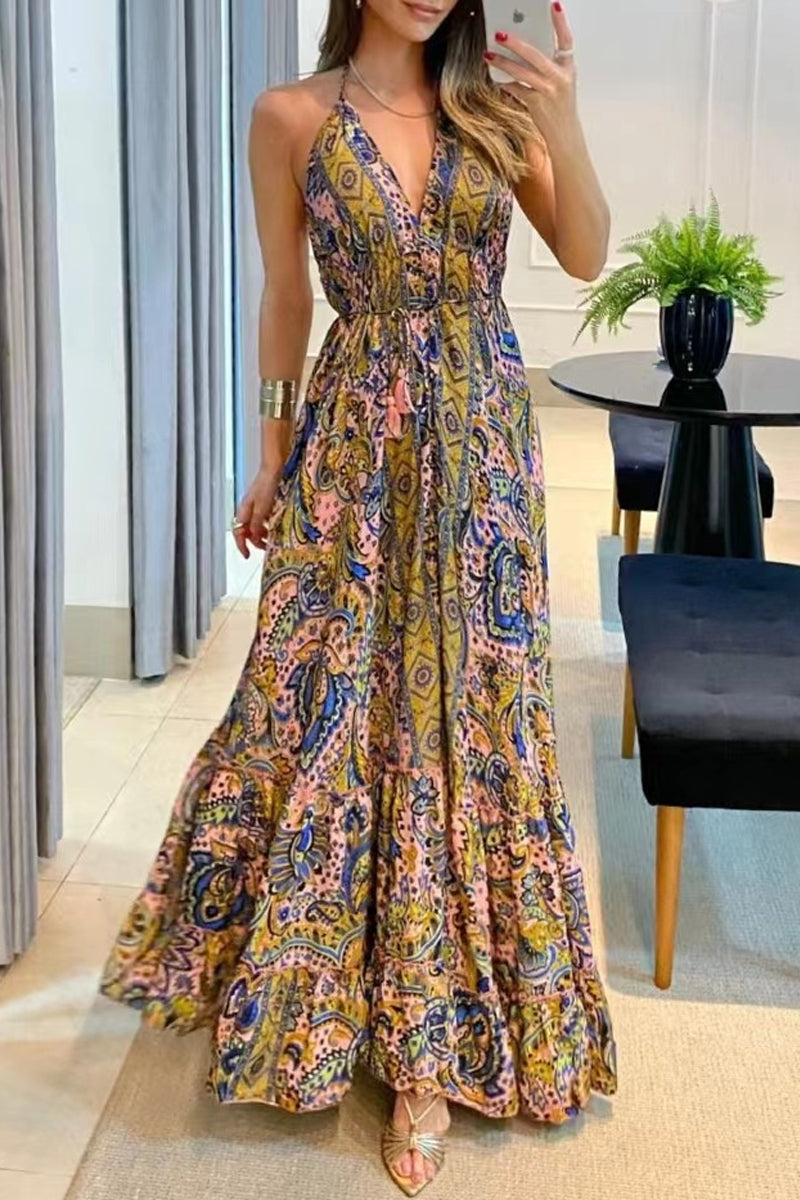 Bohemian College National Totem Patchwork V Neck Printed Dress Dresses(7 Colors)