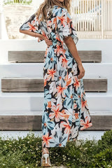 Sweet Elegant Floral Patchwork Slit V Neck Printed Dress Dresses