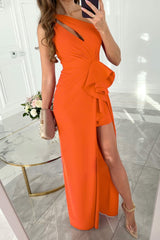 Celebrities Elegant Solid Fold Oblique Collar Evening Dress Dresses