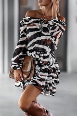 Street Print Bandage Frenulum Off the Shoulder Waist Skirt Dresses