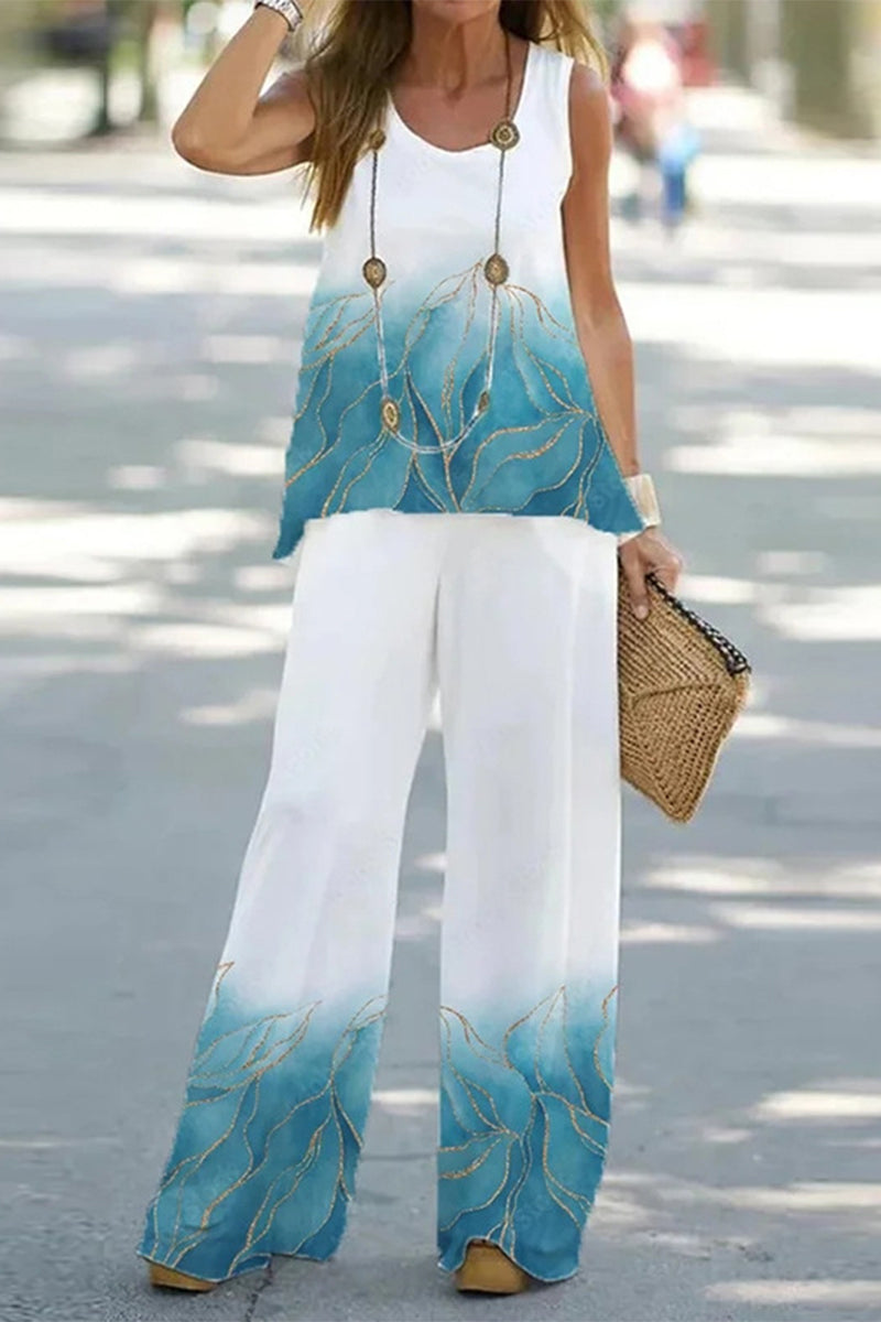 Casual Print Patchwork O Neck Sleeveless Two Pieces