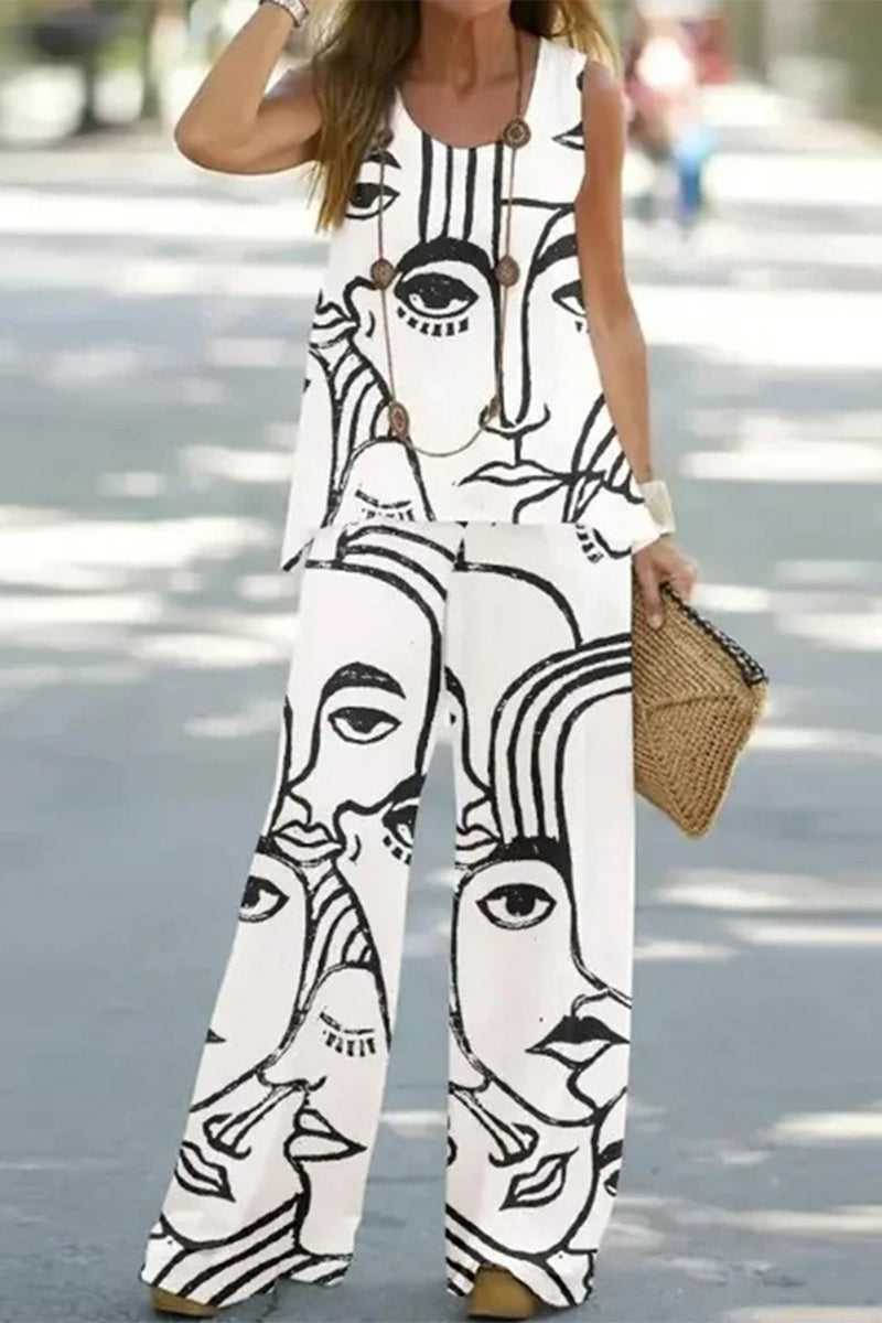 Casual Print Patchwork O Neck Sleeveless Two Pieces