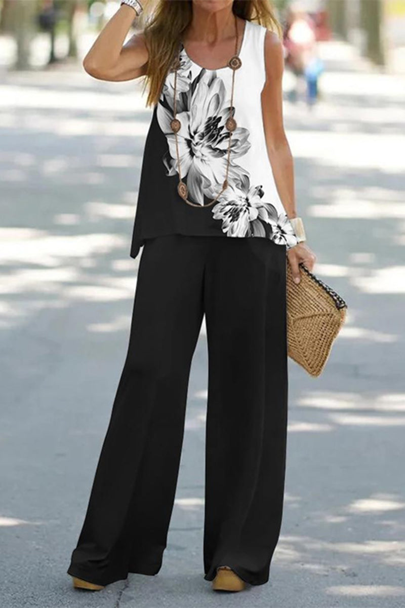 Casual Print Patchwork O Neck Sleeveless Two Pieces