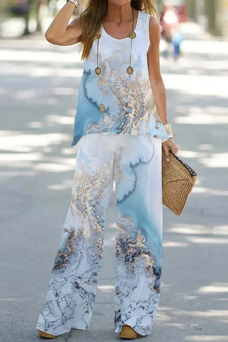 Casual Print Patchwork O Neck Sleeveless Two Pieces