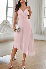 Sweet Elegant Solid Flounce V Neck Sling Dress Dresses