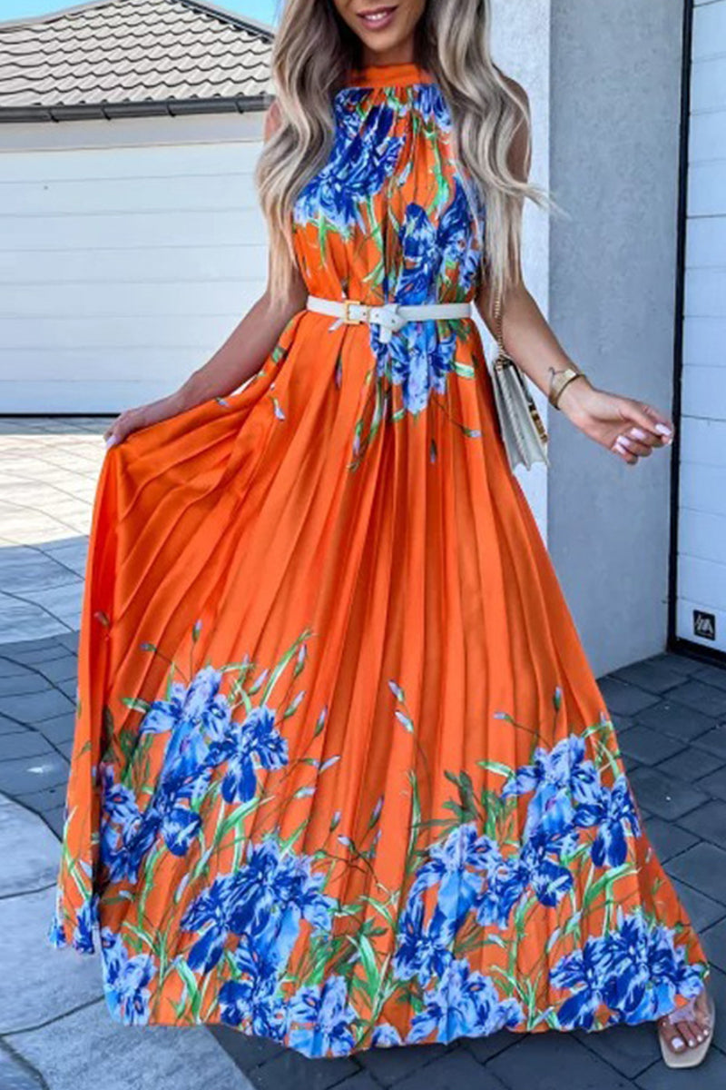 Bohemian College Floral Patchwork With Belt Halter Pleated Dresses