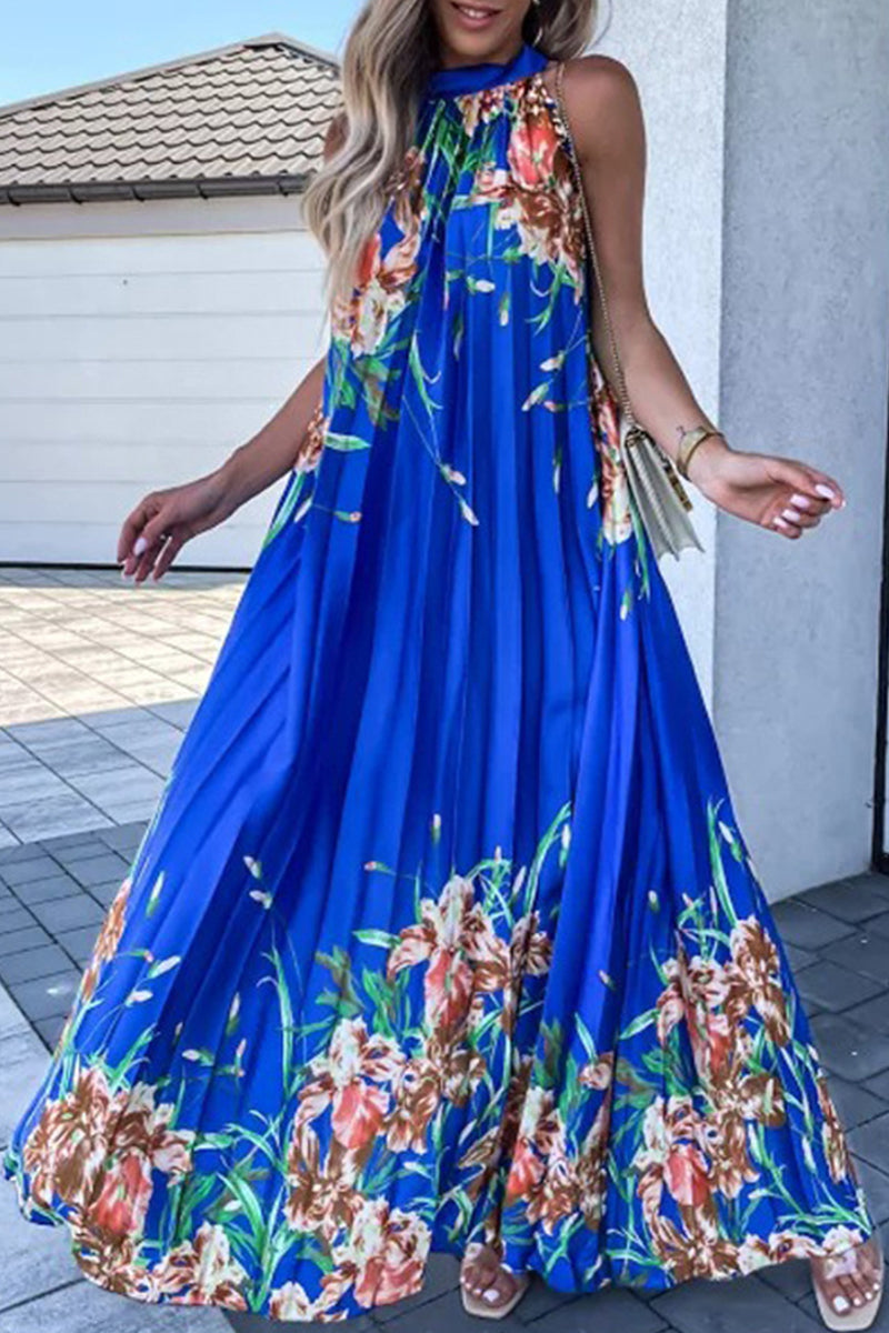 Bohemian College Floral Patchwork With Belt Halter Pleated Dresses