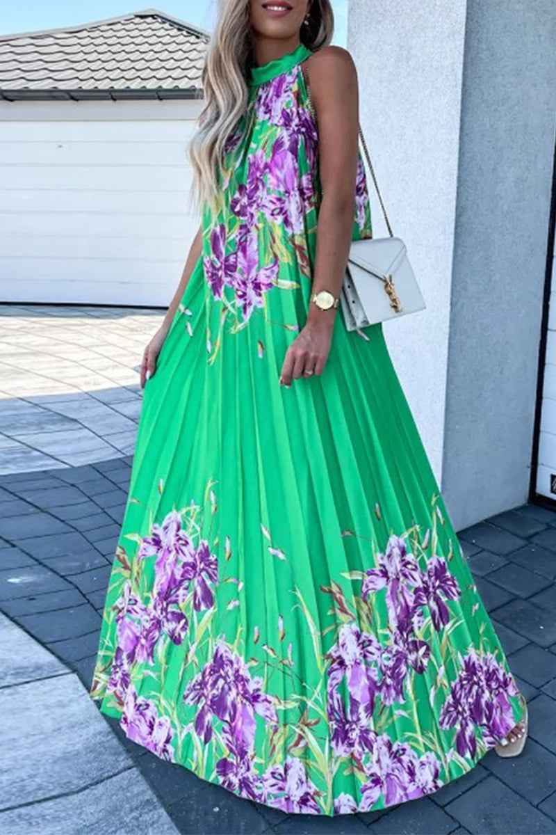 Bohemian College Floral Patchwork With Belt Halter Pleated Dresses