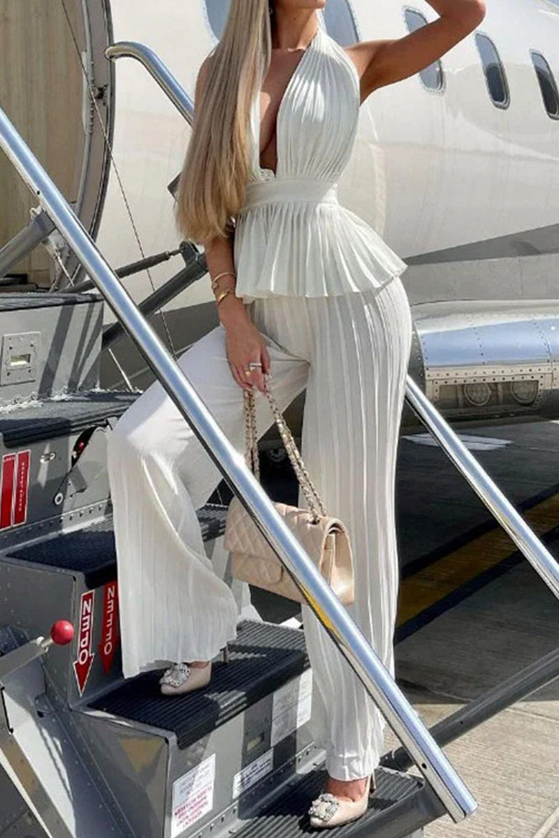 Celebrities Elegant Solid Bandage Backless Halter Sleeveless Two Pieces
