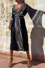 Bohemian College Geometric Print Patchwork V Neck Dresses