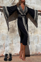 Bohemian College Geometric Print Patchwork V Neck Dresses