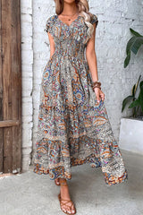 Bohemian College Print Fold V Neck A Line Dresses(4 Colors)