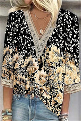 Casual Street Print Patchwork V Neck T-Shirts