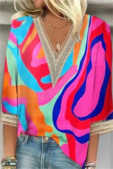 Casual Street Print Patchwork V Neck T-Shirts