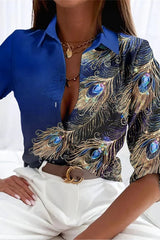 Casual Print Patchwork Shirt Collar Tops(5 Colors)