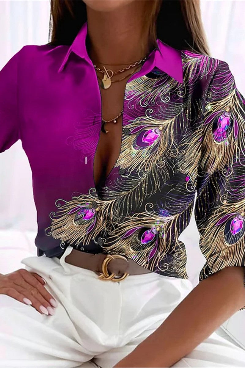 Casual Print Patchwork Shirt Collar Tops(5 Colors)