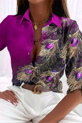 Casual Print Patchwork Shirt Collar Tops(5 Colors)