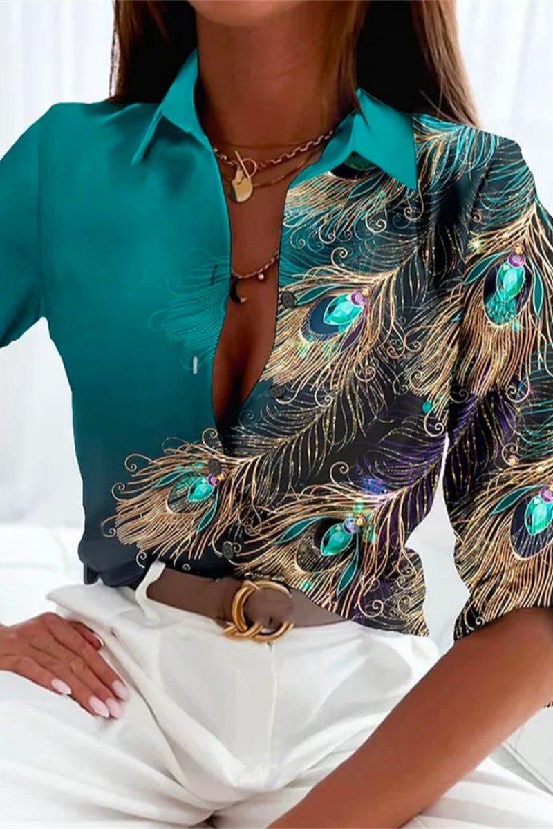 Casual Print Patchwork Shirt Collar Tops(5 Colors)