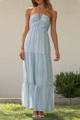 Sweet Elegant Solid Patchwork Halter Sleeveless Dresses