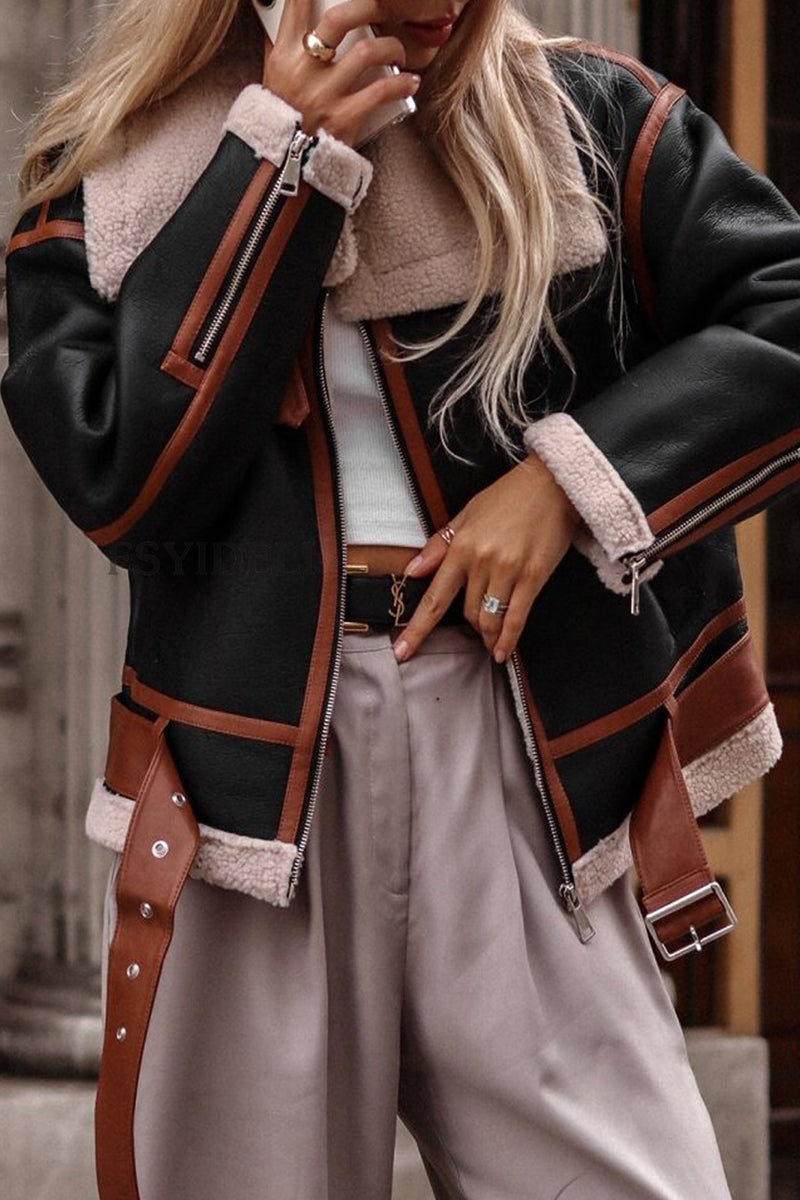 Casual Street Color Block Contrast Turndown Collar Outerwear