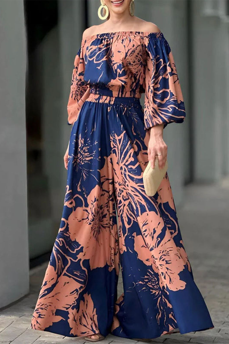 Street Elegant Floral Patchwork Off the Shoulder Long Sleeve Two Pieces