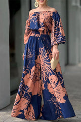 Street Elegant Floral Patchwork Off the Shoulder Long Sleeve Two Pieces