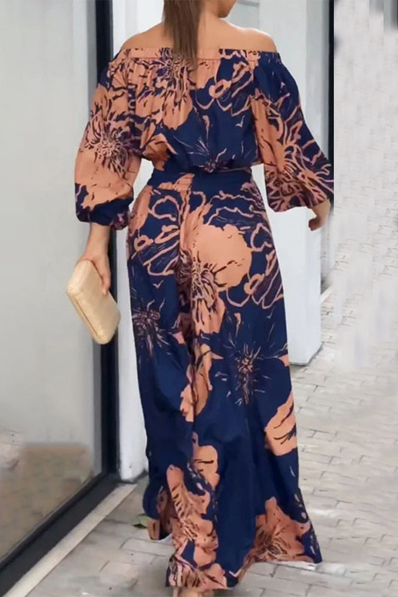 Street Elegant Floral Patchwork Off the Shoulder Long Sleeve Two Pieces