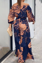 Street Elegant Floral Patchwork Off the Shoulder Long Sleeve Two Pieces
