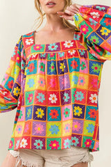 Casual Print Contrast Square Collar Tops