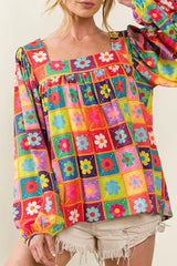 Casual Print Contrast Square Collar Tops