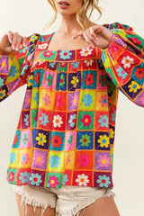 Casual Print Contrast Square Collar Tops