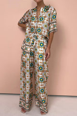 Casual Vintage Print Turndown Collar Short Sleeve Two Pieces