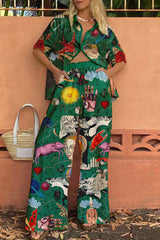 Casual Vintage Print Turndown Collar Short Sleeve Two Pieces