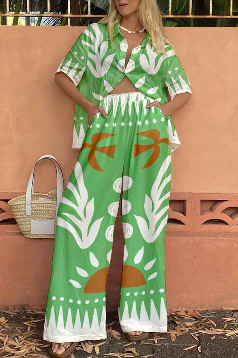 Casual Vintage Print Turndown Collar Short Sleeve Two Pieces
