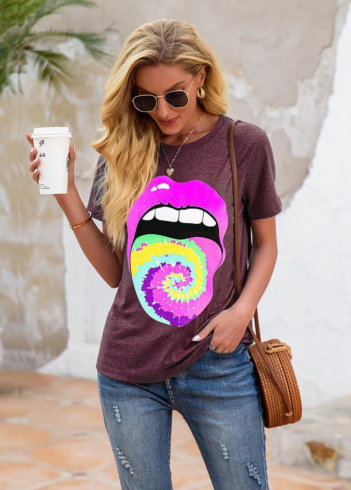 Lip Printed Round Neck Short Sleeve T-shirt
