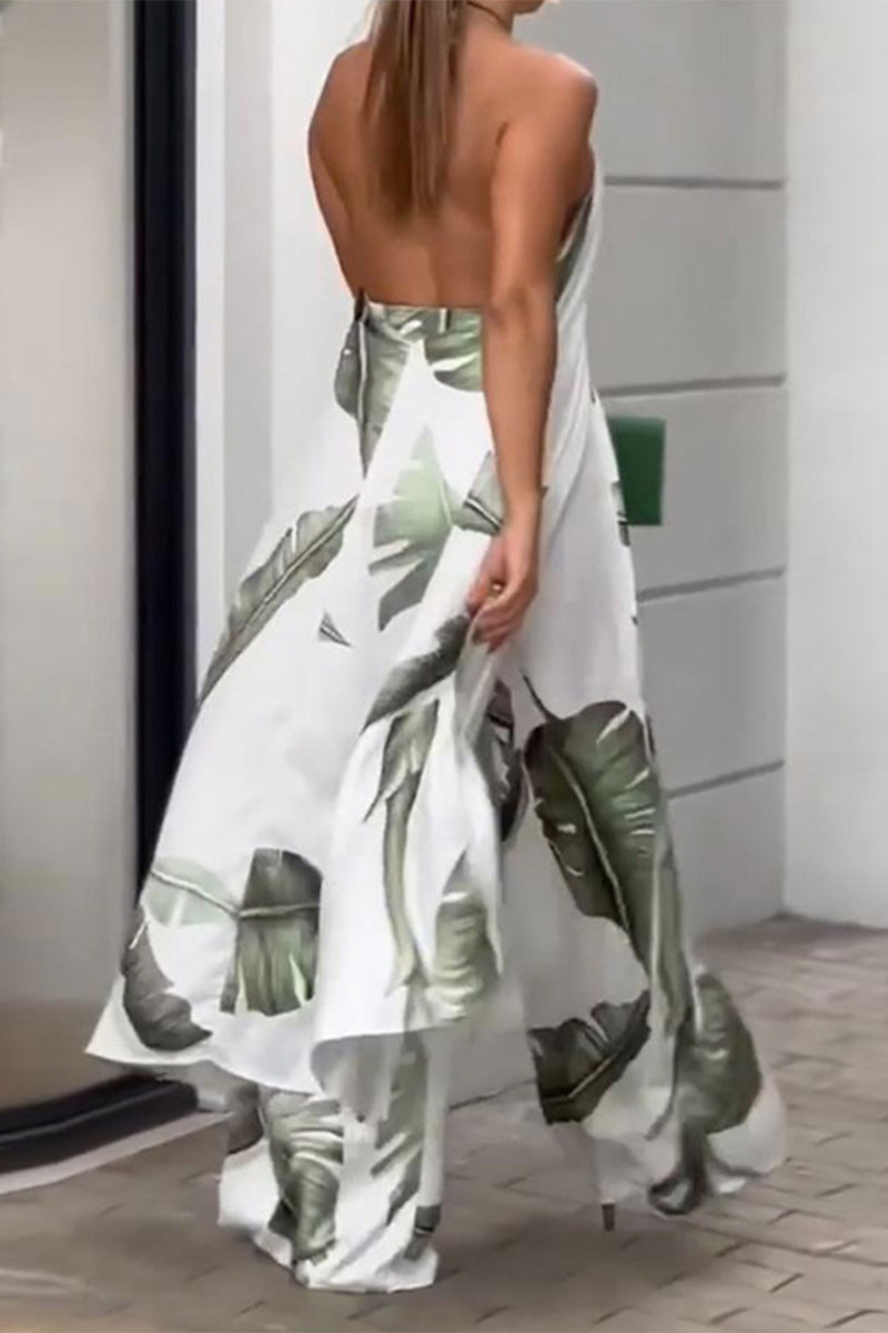 Street Floral Backless Slit Halter Sleeveless Two Pieces