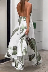 Street Floral Backless Slit Halter Sleeveless Two Pieces