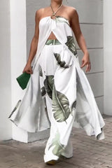 Street Floral Backless Slit Halter Sleeveless Two Pieces