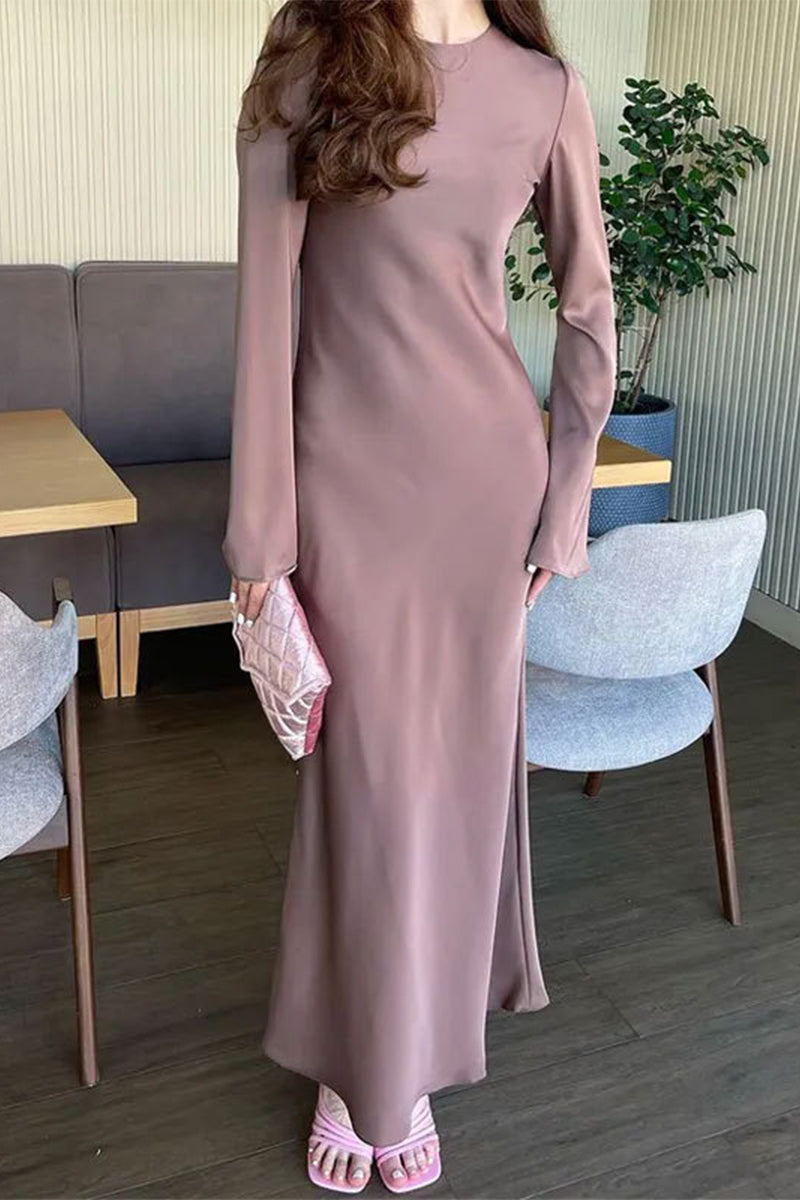 Elegant Simplicity Solid Patchwork O Neck One Step Skirt Dresses